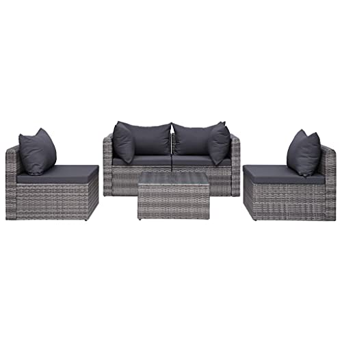 vidaXL Garten Sofgarnitur mit Polstern Kissen 5-TLG. Gartensofa Gartenmöbel Lounge Set Gartenset Sitzgruppe Sitzgarnitur Gartengarnitur Poly Rattan Grau - 4