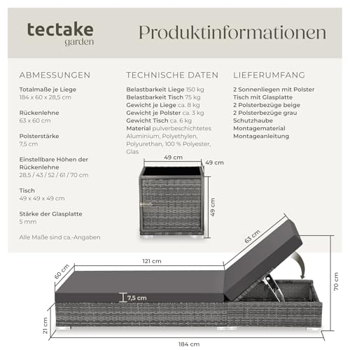 TecTake 2er Set Aluminium Polyrattan Sonnenliege + Tisch - 7