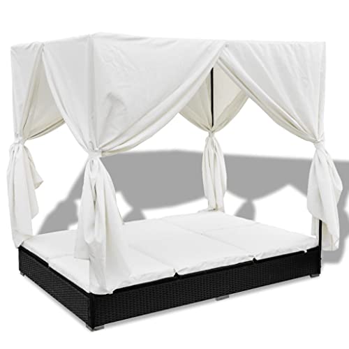 vidaXL Poly Rattan Doppel-Sonnenliege mit Vorhängen