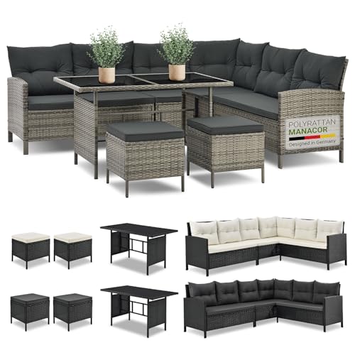 juskys polyrattan lounge manacor mit ecksofa esstisch 2 hocker kissen wetterfest bis 7 personen bezuege waschbar rattan garten sitzgruppe gartenlounge gartenmoebel set