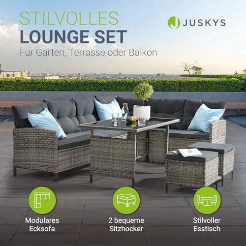 Juskys Polyrattan Lounge Manacor mit Ecksofa, Esstisch, 2 Hocker & Kissen - wetterfest bis 7 Personen - Bezüge waschbar - Rattan Garten Sitzgruppe Gartenlounge Gartenmöbel Set - Grau-meliert - 2