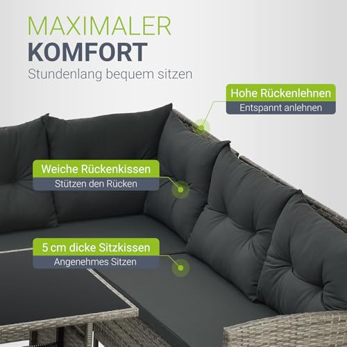 Juskys Polyrattan Lounge Manacor mit Ecksofa, Esstisch, 2 Hocker & Kissen – wetterfest bis 7 Personen – Bezüge waschbar – Rattan Garten Sitzgruppe Gartenlounge Gartenmöbel Set – Grau-meliert - 3