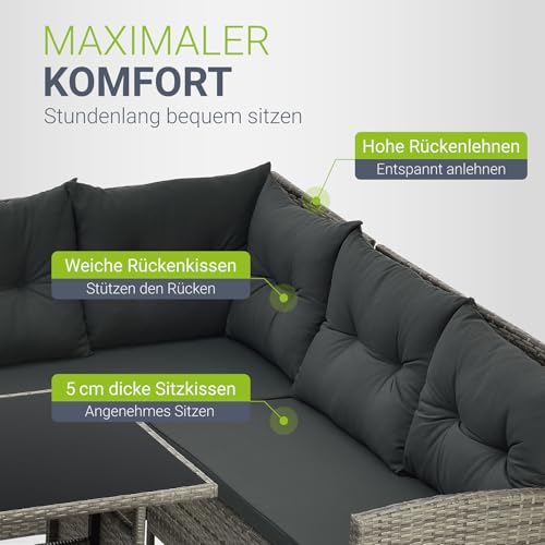 Juskys Polyrattan Lounge Manacor mit Ecksofa, Esstisch, 2 Hocker & Kissen - wetterfest bis 7 Personen - Bezüge waschbar - Rattan Garten Sitzgruppe Gartenlounge Gartenmöbel Set - Grau-meliert - 3