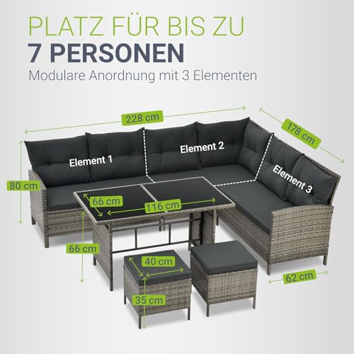 Juskys Polyrattan Lounge Manacor mit Ecksofa, Esstisch, 2 Hocker & Kissen - wetterfest bis 7 Personen - Bezüge waschbar - Rattan Garten Sitzgruppe Gartenlounge Gartenmöbel Set - Grau-meliert - 4