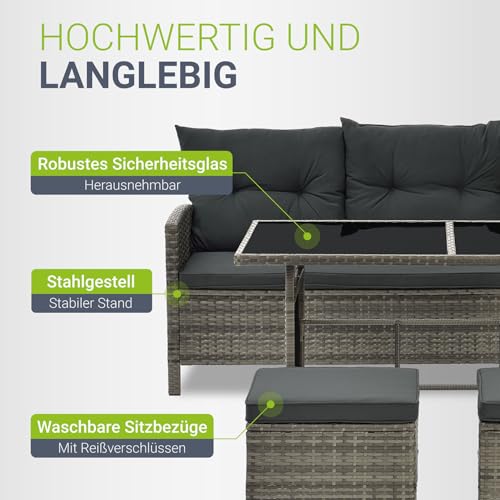 Juskys Polyrattan Lounge Manacor mit Ecksofa, Esstisch, 2 Hocker & Kissen - wetterfest bis 7 Personen - Bezüge waschbar - Rattan Garten Sitzgruppe Gartenlounge Gartenmöbel Set - Grau-meliert - 5