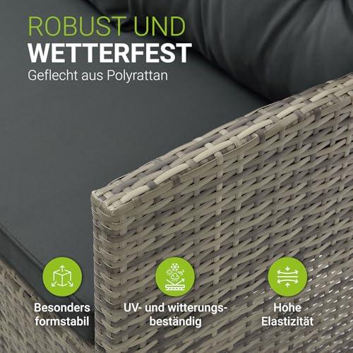 Juskys Polyrattan Lounge Manacor mit Ecksofa, Esstisch, 2 Hocker & Kissen – wetterfest bis 7 Personen – Bezüge waschbar – Rattan Garten Sitzgruppe Gartenlounge Gartenmöbel Set – Grau-meliert - 6