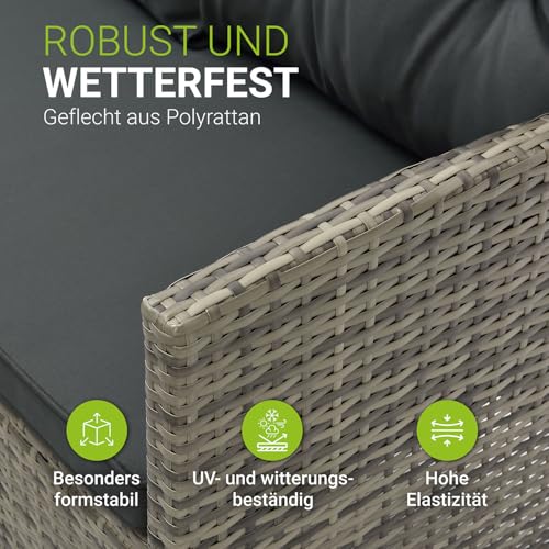 Juskys Polyrattan Lounge Manacor mit Ecksofa, Esstisch, 2 Hocker & Kissen - wetterfest bis 7 Personen - Bezüge waschbar - Rattan Garten Sitzgruppe Gartenlounge Gartenmöbel Set - Grau-meliert - 6