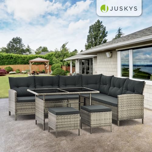 Juskys Polyrattan Lounge Manacor mit Ecksofa, Esstisch, 2 Hocker & Kissen - wetterfest bis 7 Personen - Bezüge waschbar - Rattan Garten Sitzgruppe Gartenlounge Gartenmöbel Set - Grau-meliert - 7