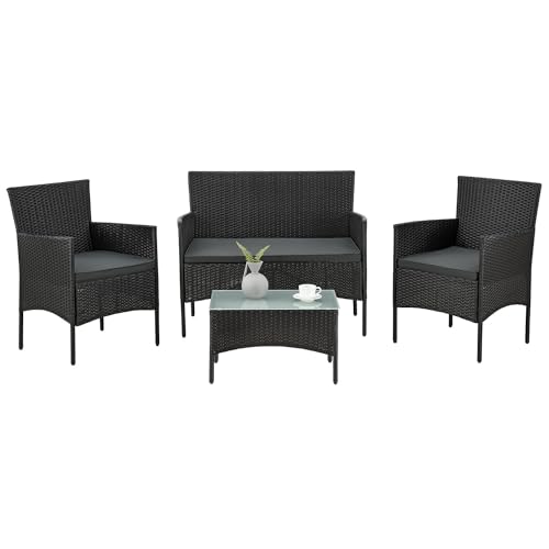 juskys polyrattan sitzgruppe fort myers 4 personen mit 2er sofa 2 stuehle tisch sitzkissen wetterfest schwarz grau balkonmoebel gartenmoebel set