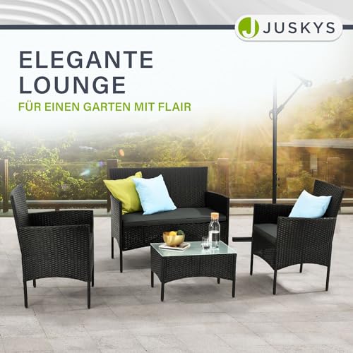Juskys Polyrattan Sitzgruppe Fort Myers 4 Personen mit 2er Sofa, 2 Stühle, Tisch & Sitzkissen wetterfest schwarz/grau Balkonmöbel Gartenmöbel Set - 4