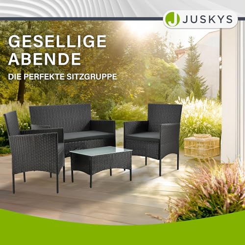 Juskys Polyrattan Sitzgruppe Fort Myers 4 Personen mit 2er Sofa, 2 Stühle, Tisch & Sitzkissen wetterfest schwarz/grau Balkonmöbel Gartenmöbel Set - 6