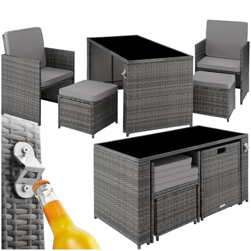 tectake poly rattan sitzgruppe 5 teiliges lounge gartenmoebel set mit tisch sessel hocker essgruppe fuer bis zu 4 personen garten und balkon moebel inkl polster grau