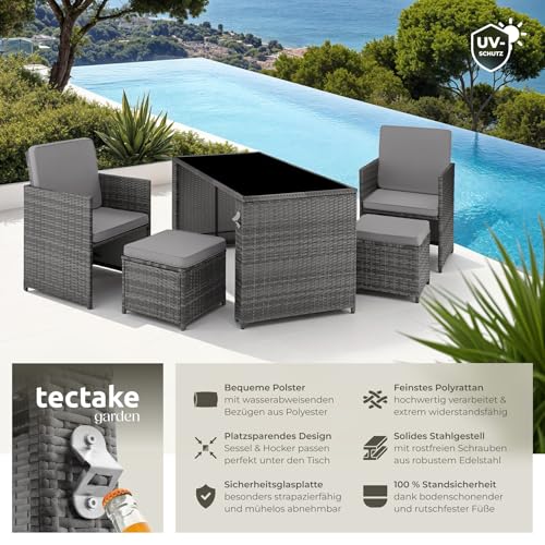 TecTake Poly Rattan Sitzgruppe, 5- teiliges Lounge Gartenmöbel Set mit Tisch, Sessel & Hocker, Essgruppe für bis zu 4 Personen, Garten und Balkon Möbel inkl. Polster – grau - 2