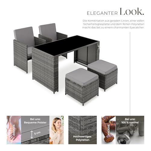 TecTake Poly Rattan Sitzgruppe, 5- teiliges Lounge Gartenmöbel Set mit Tisch, Sessel & Hocker, Essgruppe für bis zu 4 Personen, Garten und Balkon Möbel inkl. Polster - grau - 3