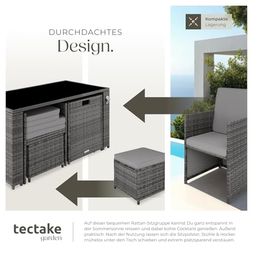 TecTake Poly Rattan Sitzgruppe, 5- teiliges Lounge Gartenmöbel Set mit Tisch, Sessel & Hocker, Essgruppe für bis zu 4 Personen, Garten und Balkon Möbel inkl. Polster - grau - 4