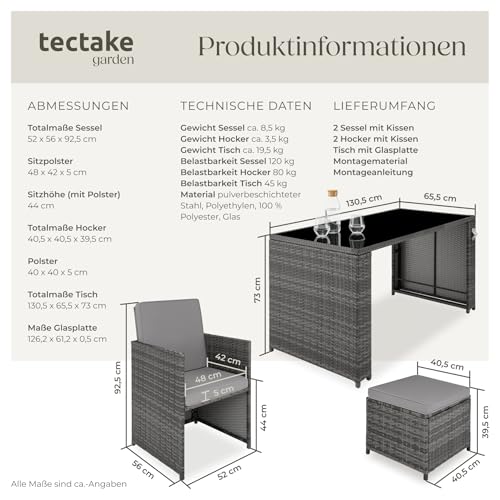 TecTake Poly Rattan Sitzgruppe, 5- teiliges Lounge Gartenmöbel Set mit Tisch, Sessel & Hocker, Essgruppe für bis zu 4 Personen, Garten und Balkon Möbel inkl. Polster - grau - 6
