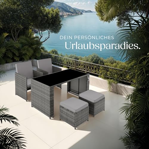 TecTake Poly Rattan Sitzgruppe, 5- teiliges Lounge Gartenmöbel Set mit Tisch, Sessel & Hocker, Essgruppe für bis zu 4 Personen, Garten und Balkon Möbel inkl. Polster – grau - 8