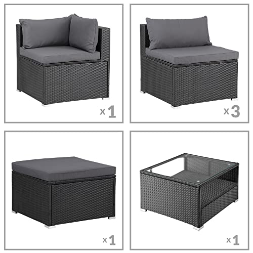 Casaria® Lounge Set Polyrattan XL 16-teilig 7cm Auflagen 15cm Rückenkissen 5mm Sicherheitsglas Tisch Wetterfest Garten Möbel Ecklounge Schwarz - 6