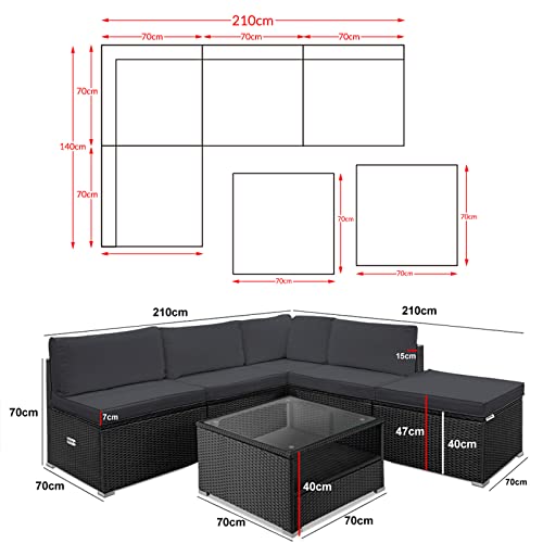 Casaria® Lounge Set Polyrattan XL 16-teilig 7cm Auflagen 15cm Rückenkissen 5mm Sicherheitsglas Tisch Wetterfest Garten Möbel Ecklounge Schwarz - 7