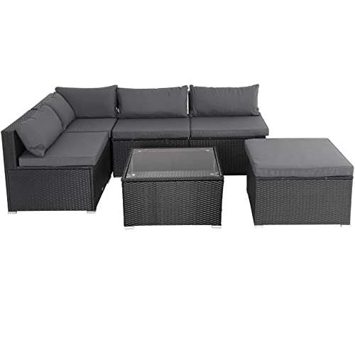 Casaria® Lounge Set Polyrattan XL 16-teilig 7cm Auflagen 15cm Rückenkissen 5mm Sicherheitsglas Tisch Wetterfest Garten Möbel Ecklounge Schwarz - 8