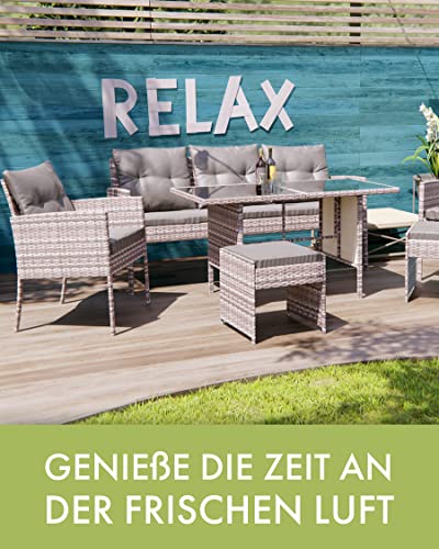 Swing & Harmonie Sitzgruppe Garten - Rattanmöbel Outdoor - Robuste Gartenmöbel - Hochwertige Gartengarnitur - Garten-Essgruppe - Outdoormöbel - Esstisch (grau) - 6